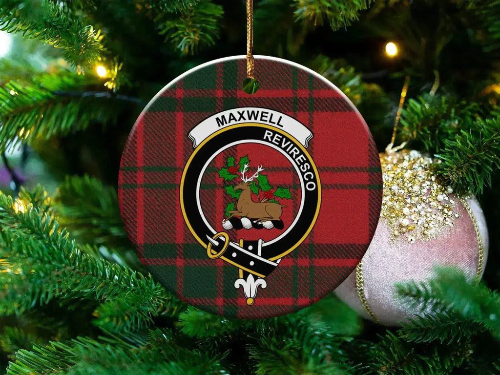 Maxwell Reviresco crest design on a tartan background ceramic Christmas ornament — 3-inch round with gold hanging string