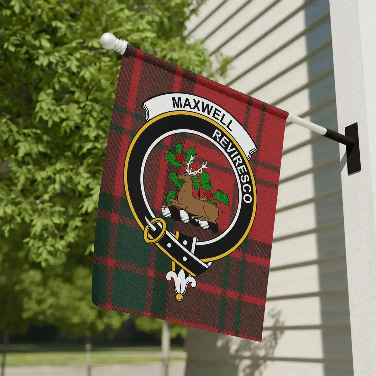 Maxwell Reviresco tartan background garden flag with stag crest — 12x18 inch poly poplin-canvas outdoor display