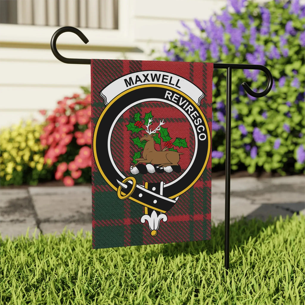 Maxwell crest garden flag on standard pole — 24.5x32 inch with Reviresco stag and red tartan background design