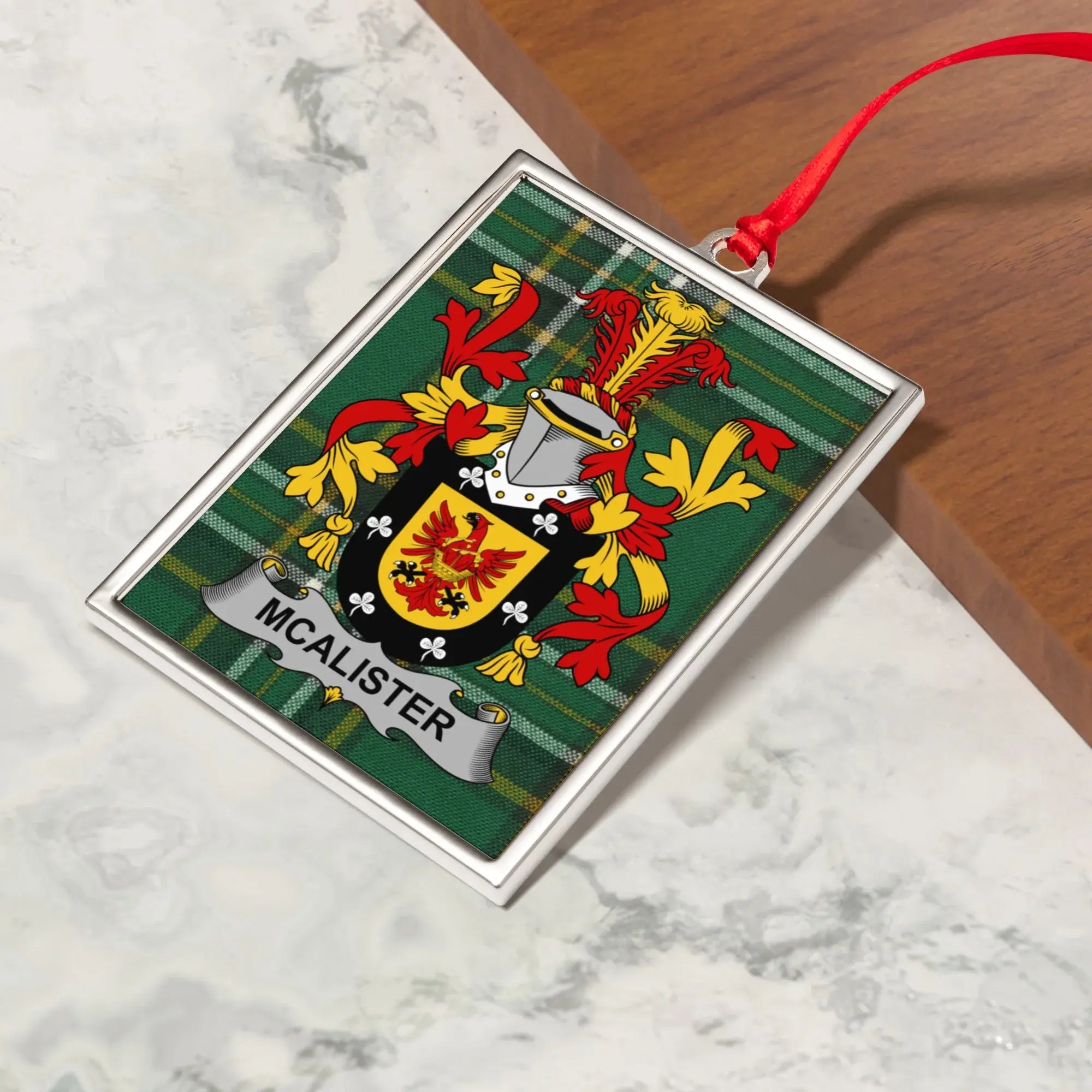 McAlister Irish family crest Christmas ornament — crest and tartan detail