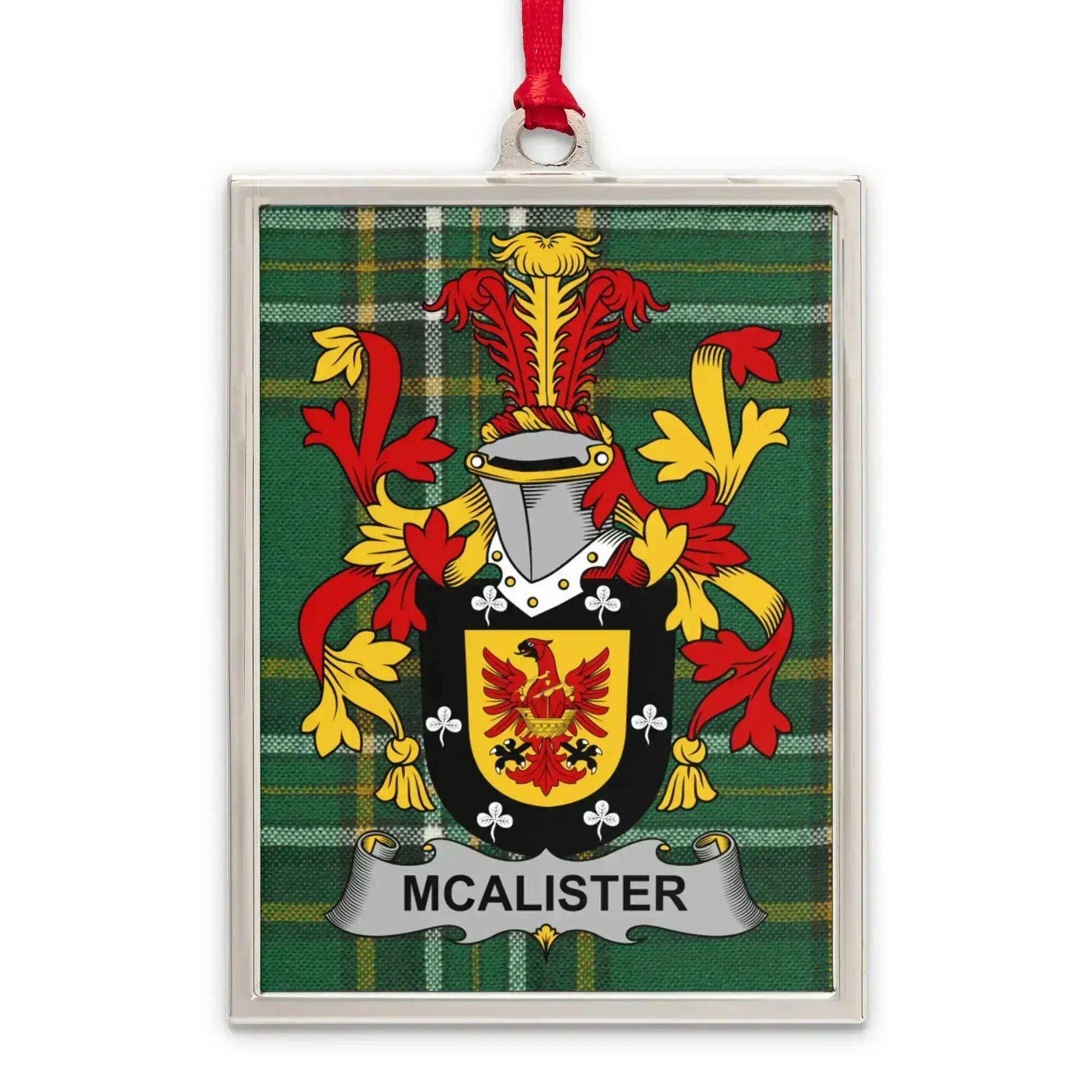 McAlister Irish family crest Christmas ornament — silver-tone portrait-frame keepsake