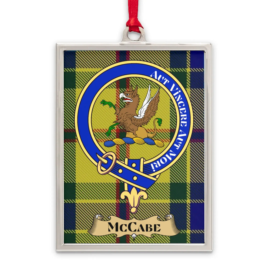 McCabe tartan-background crest ornament shown as a Scottish heritage keepsake gift