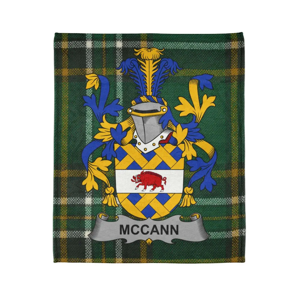 McCann Family Crest on Green Plaid Background Blanket