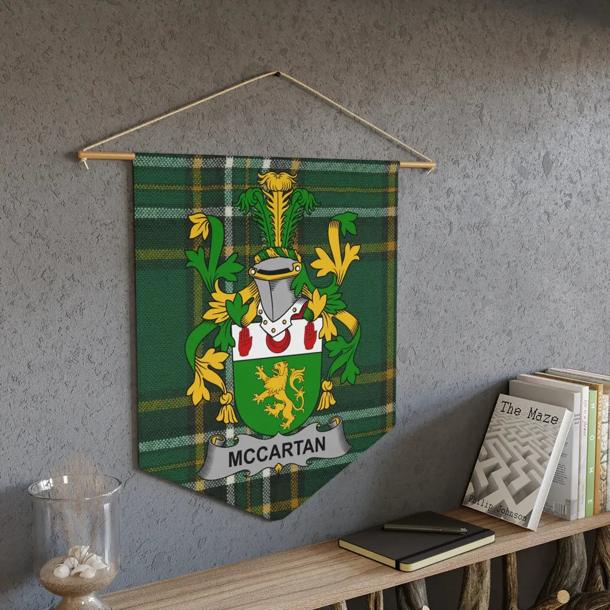 McCartan Irish family crest wall pennant — crest on the Irish national tartan