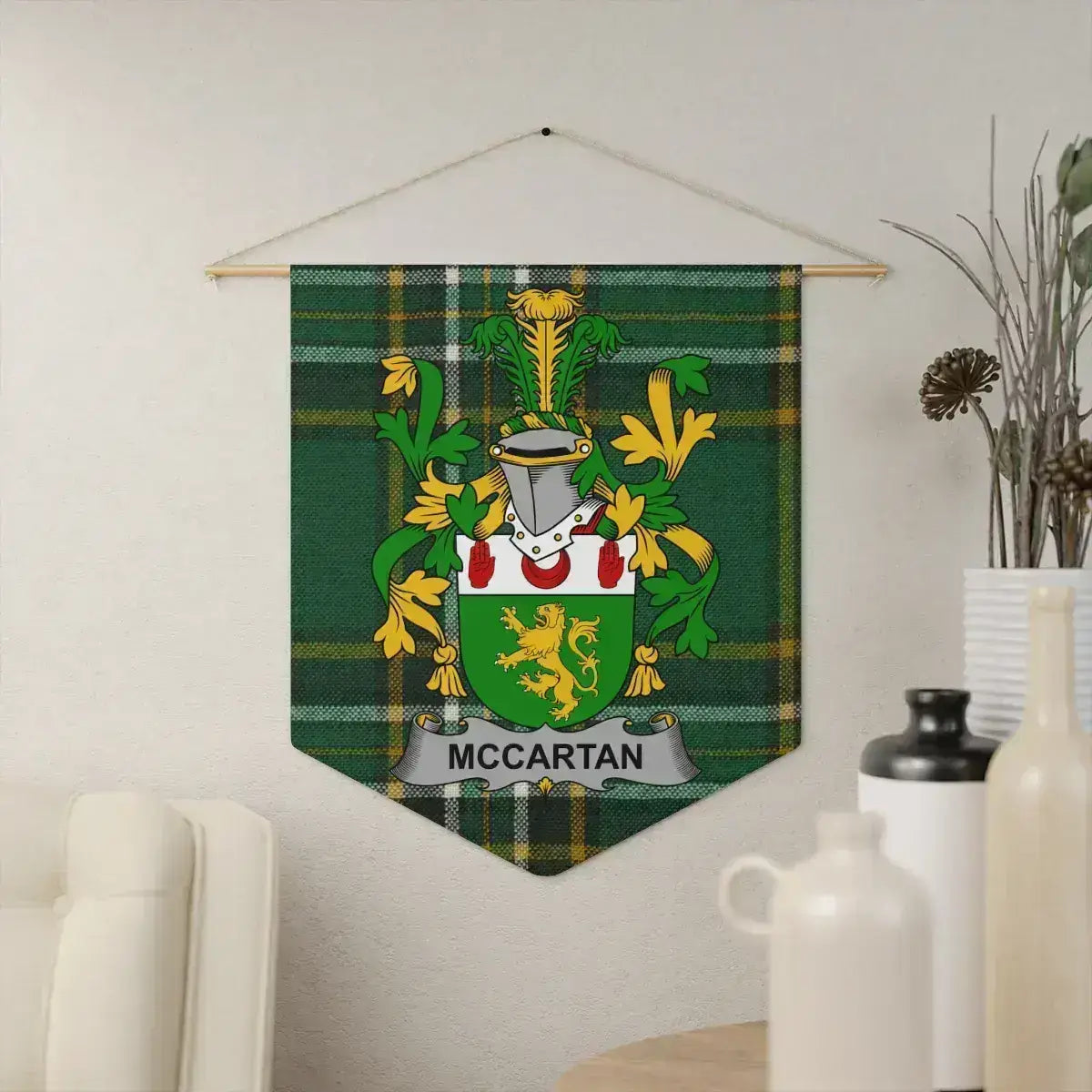 McCartan Irish family crest wall pennant — tartan wall hanging display