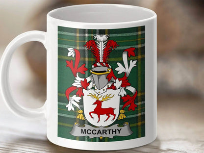 McCarthy Surname Coat of Arms Irish Tartan Mug - Celtic Ancestry Gifts
