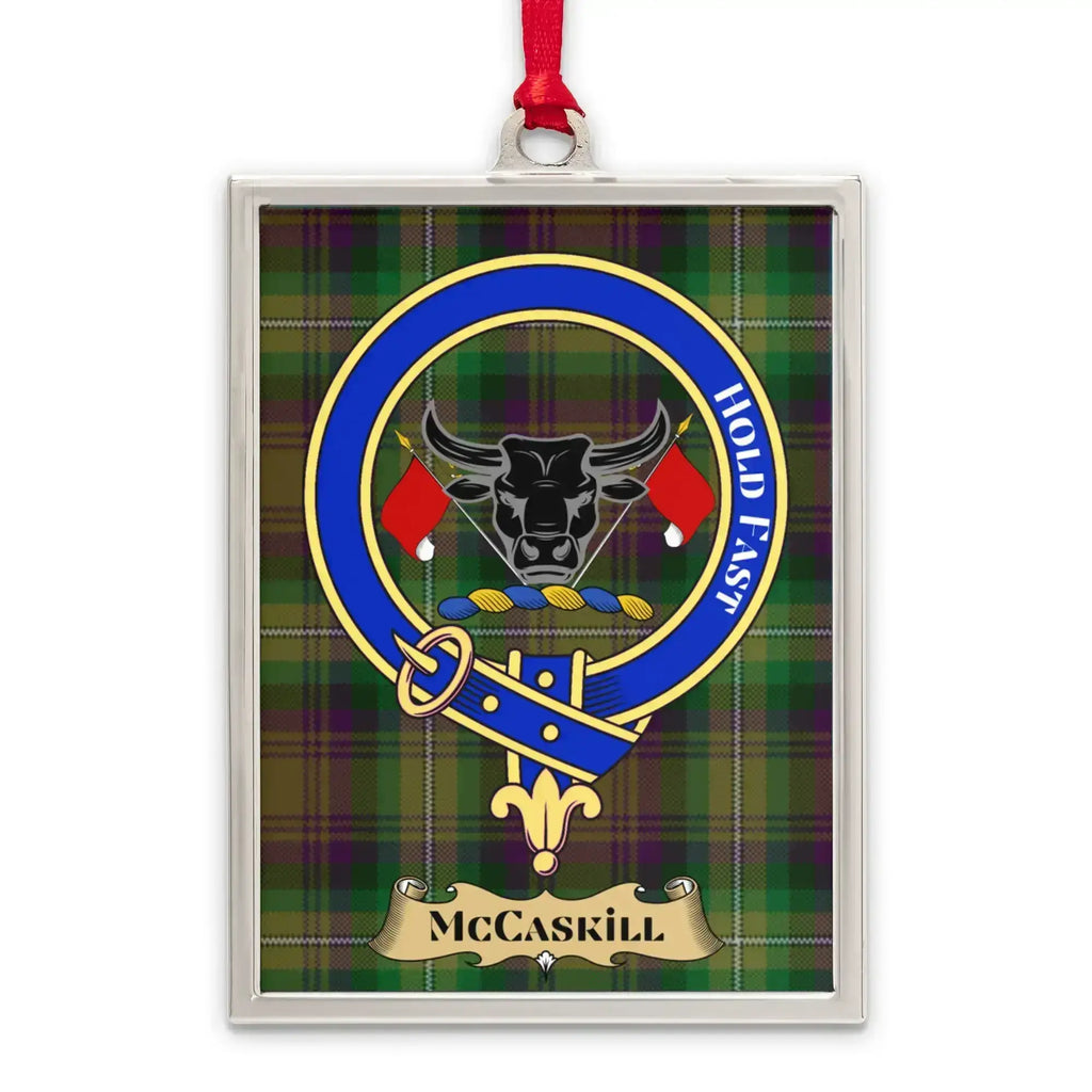 McCaskill tartan-background crest ornament shown as a Scottish heritage keepsake gift