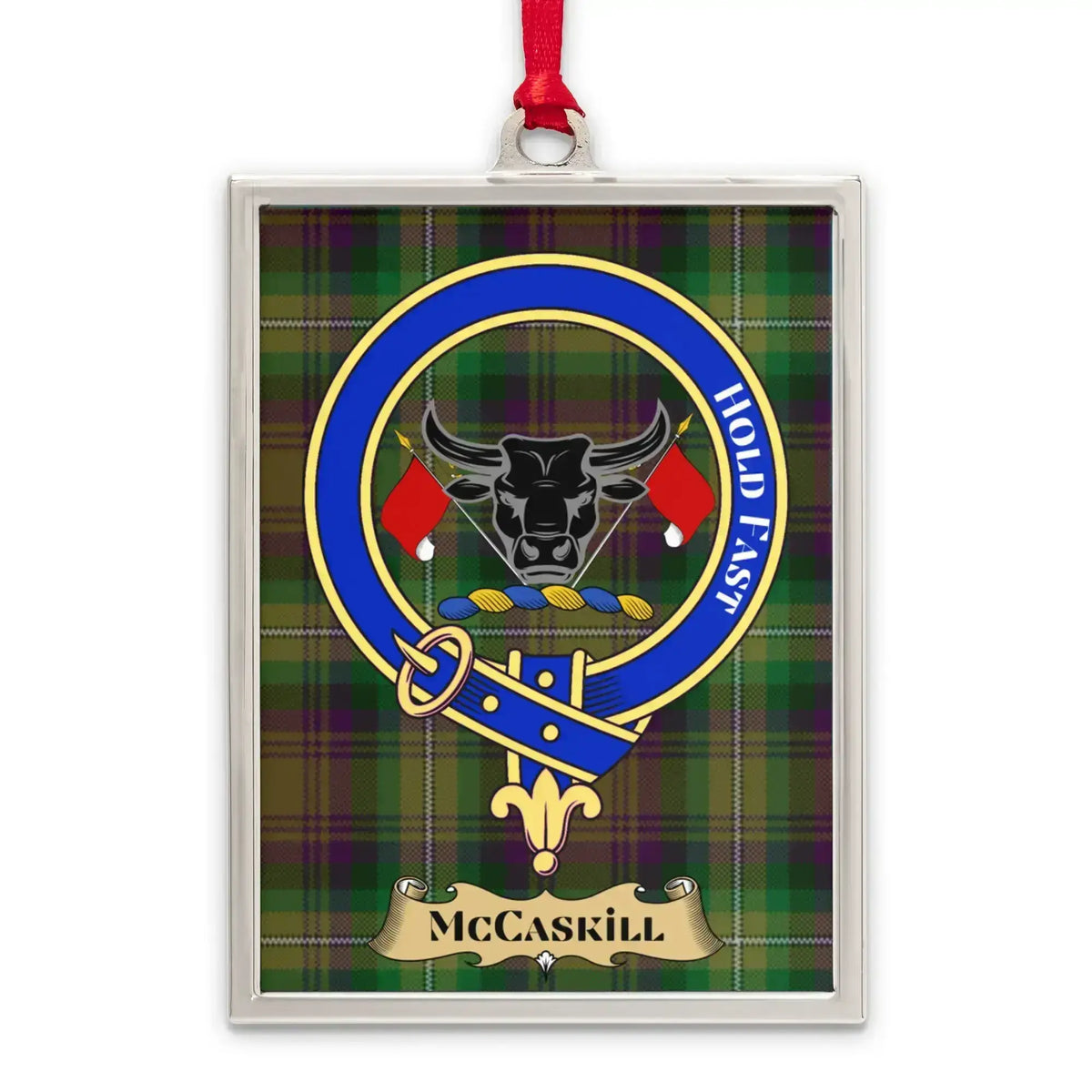 McCaskill tartan-background crest ornament shown as a Scottish heritage keepsake gift
