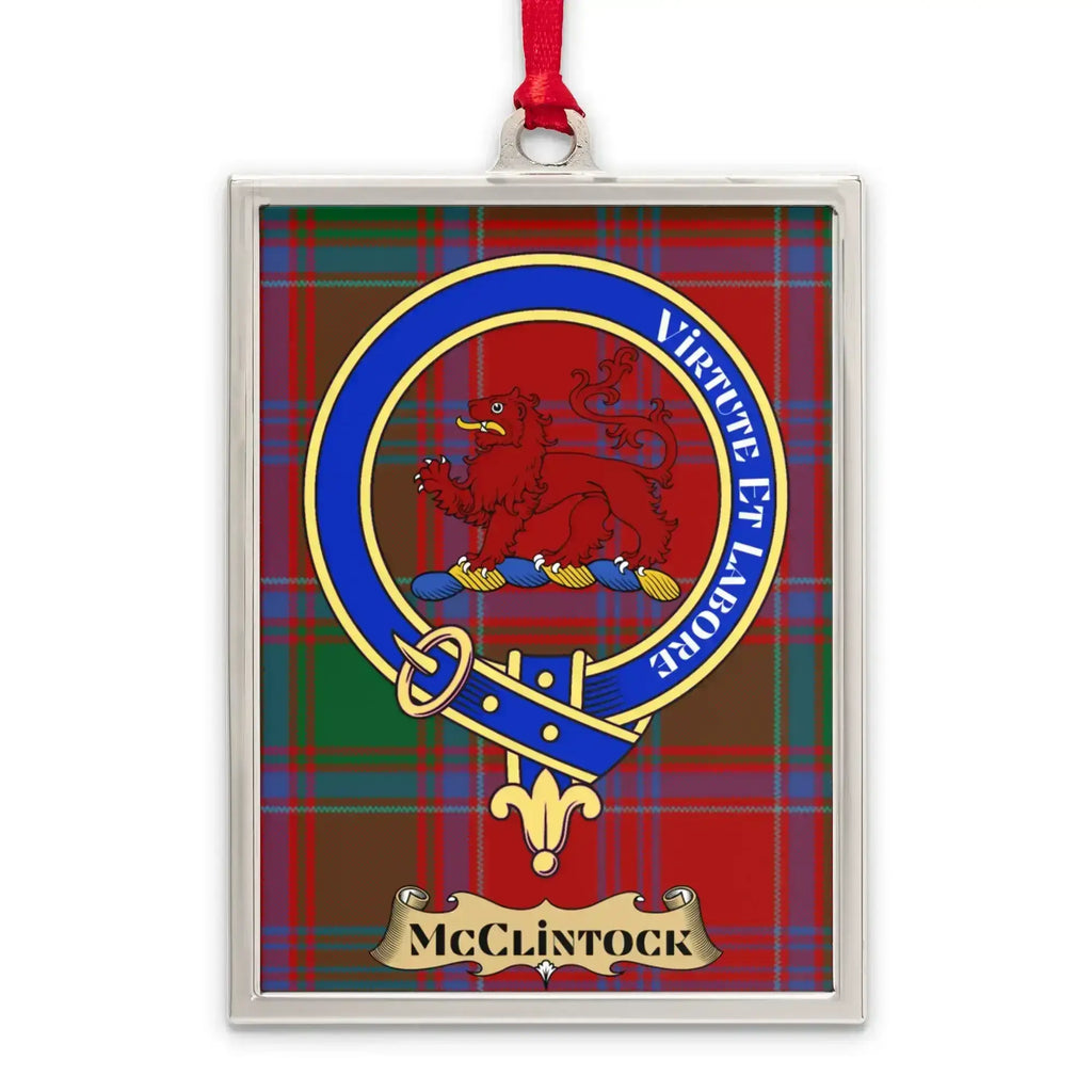 McClintock tartan-background crest ornament shown as a Scottish heritage keepsake gift