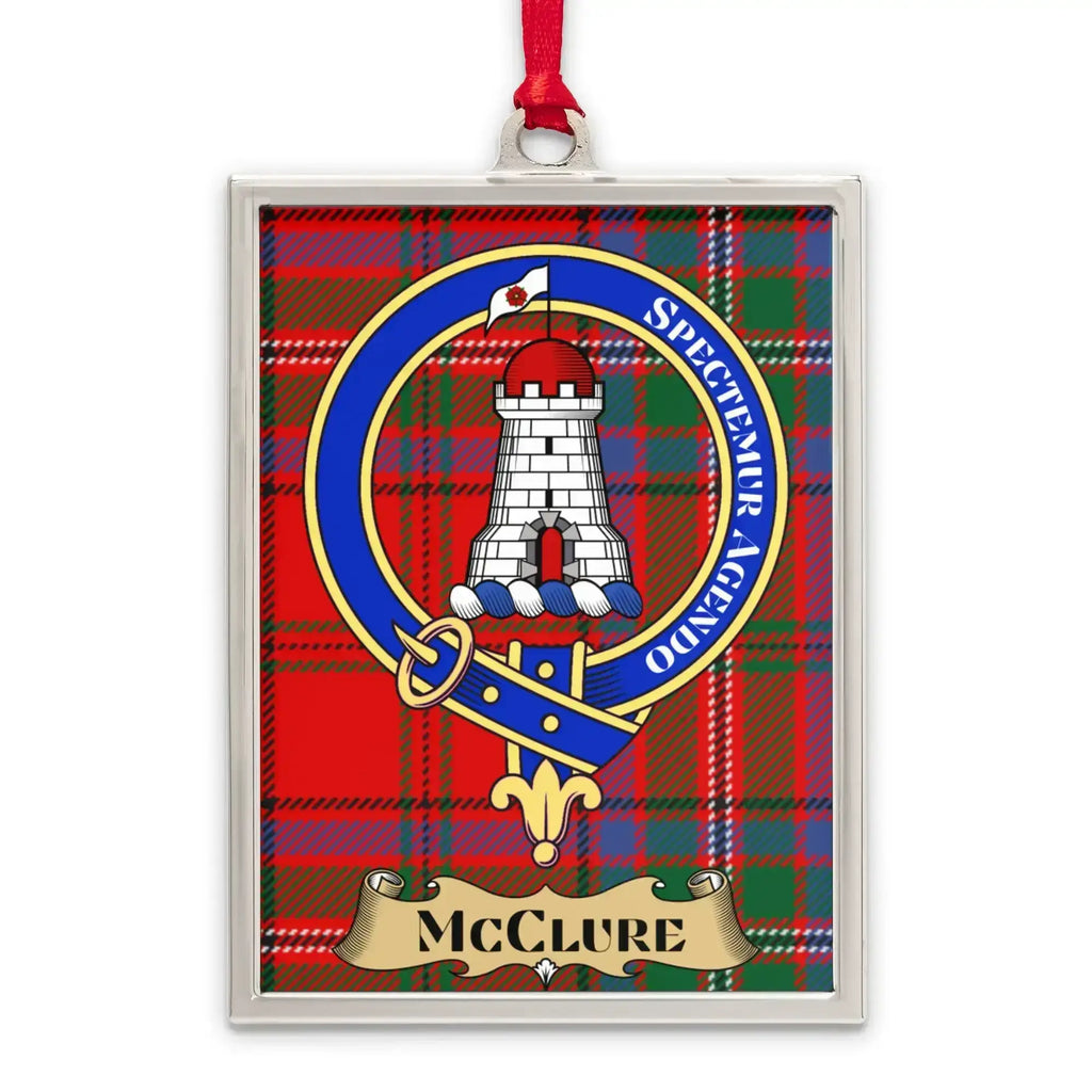 McClure tartan-background crest ornament shown as a Scottish heritage keepsake gift
