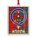 McClurg tartan-background crest ornament shown as a Scottish heritage keepsake gift