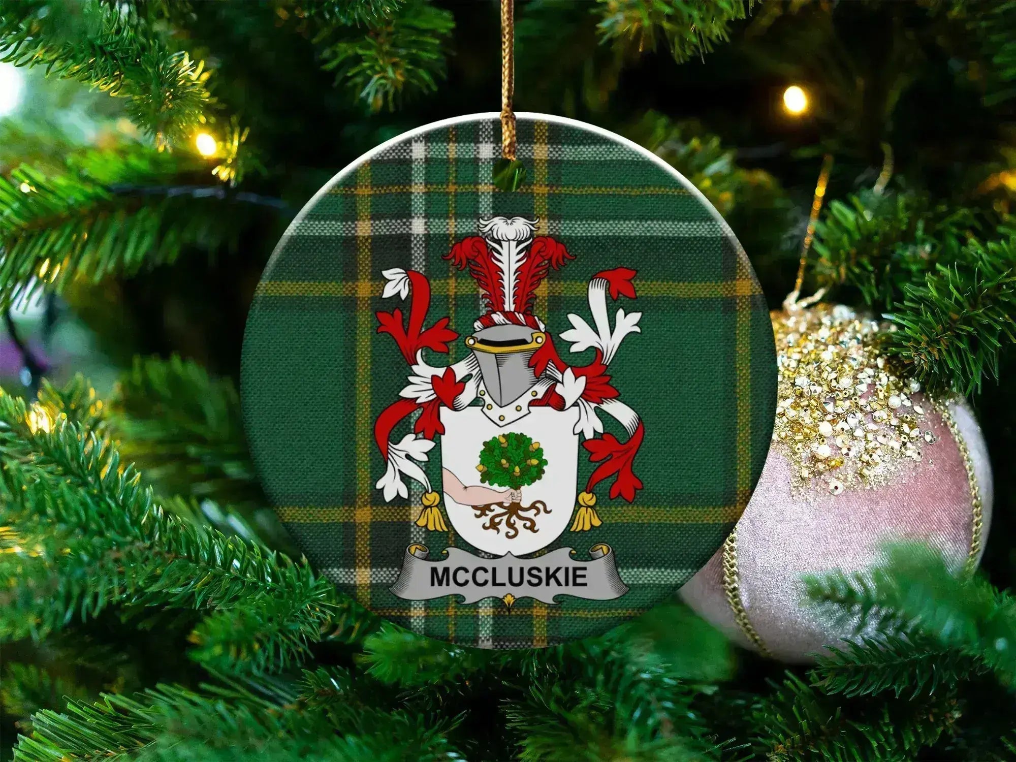 McCluskie Family Crest Plaid Christmas Ornament