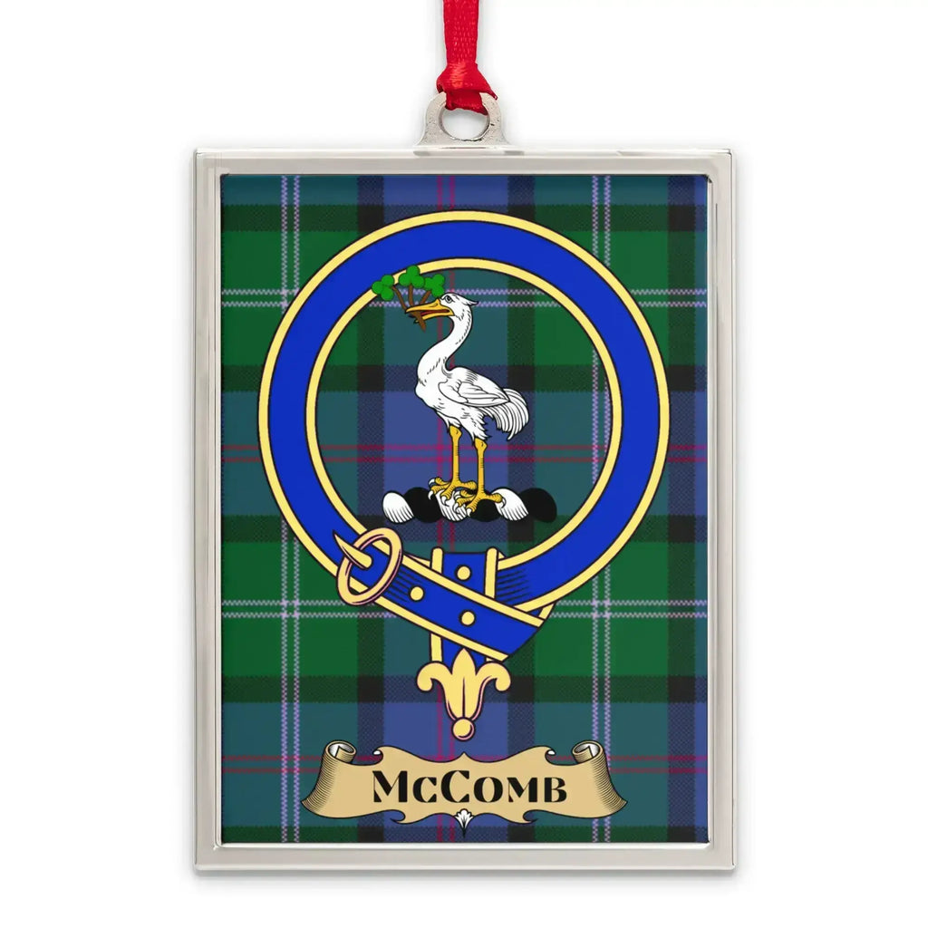 McComb tartan-background crest ornament shown as a Scottish heritage keepsake gift