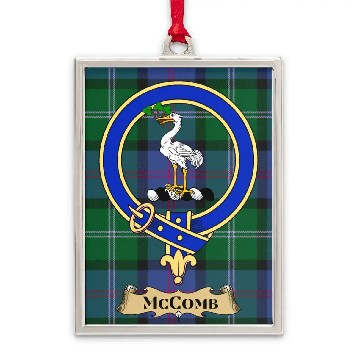 McComb tartan-background crest ornament shown as a Scottish heritage keepsake gift