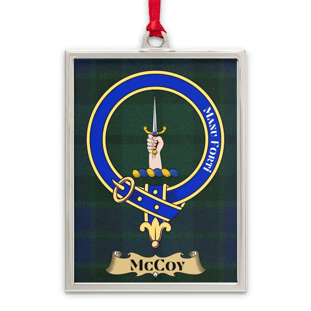 McCoy tartan-background crest ornament shown as a Scottish heritage keepsake gift