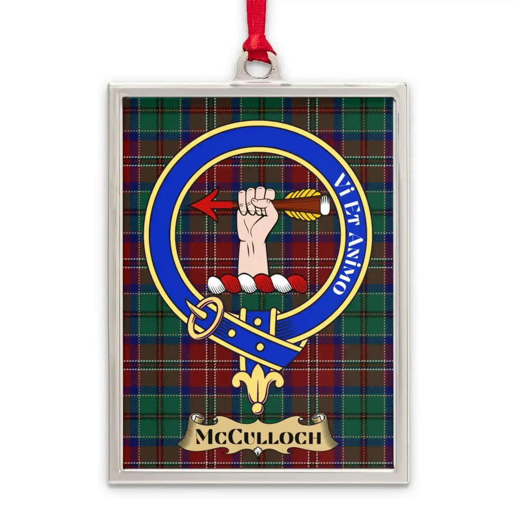 McCulloch tartan-background crest ornament shown as a Scottish heritage keepsake gift