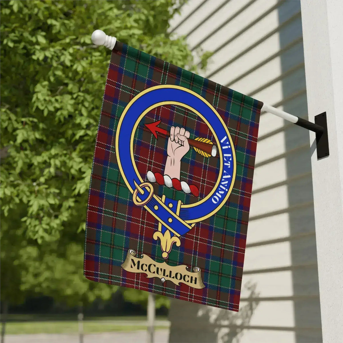 McCulloch Clan Crest Red Tartan Pattern Flag