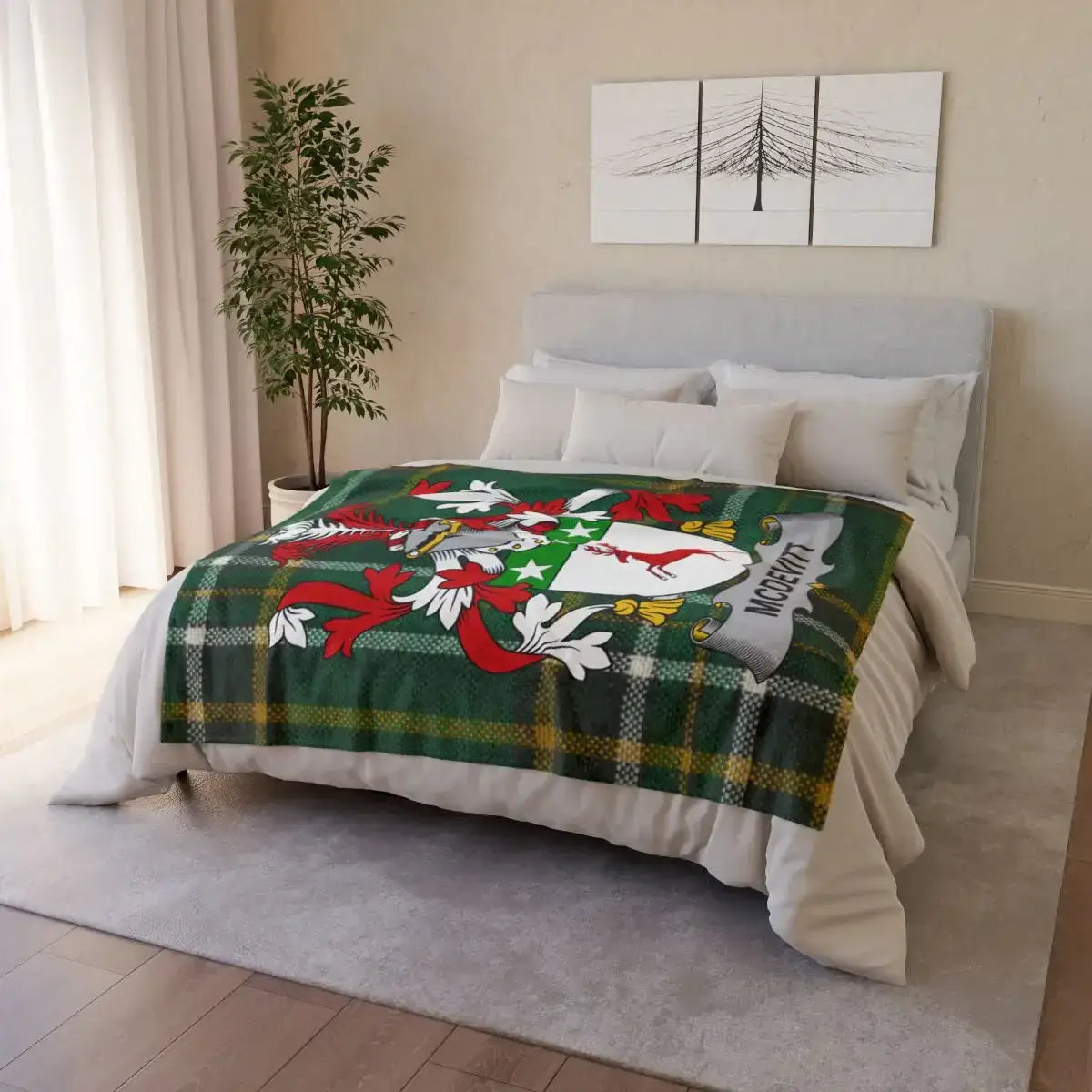 Moretti Family Crest Green Plaid Pattern Bedding Blanket