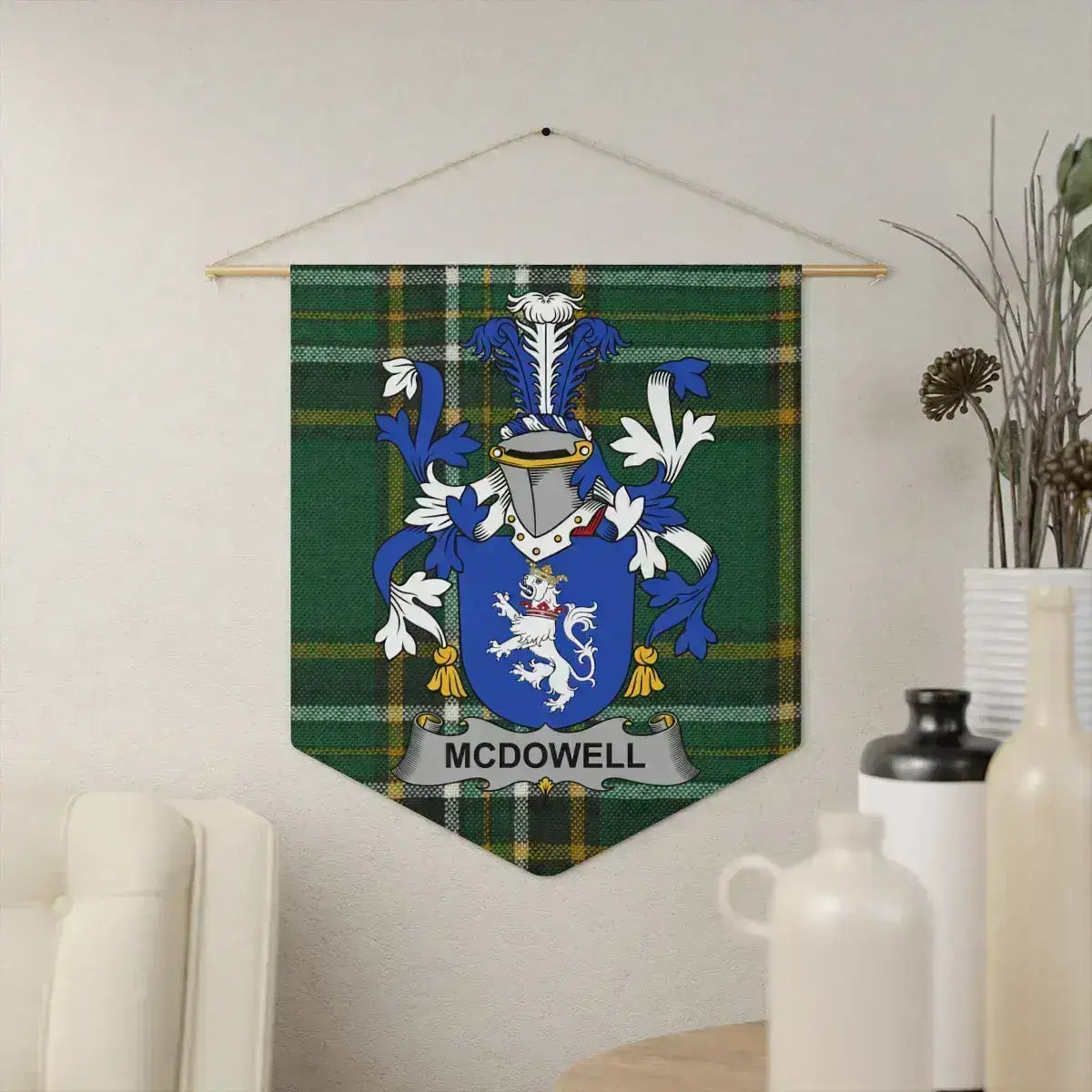 McDowell Irish family crest wall pennant — crest on the Irish national tartan