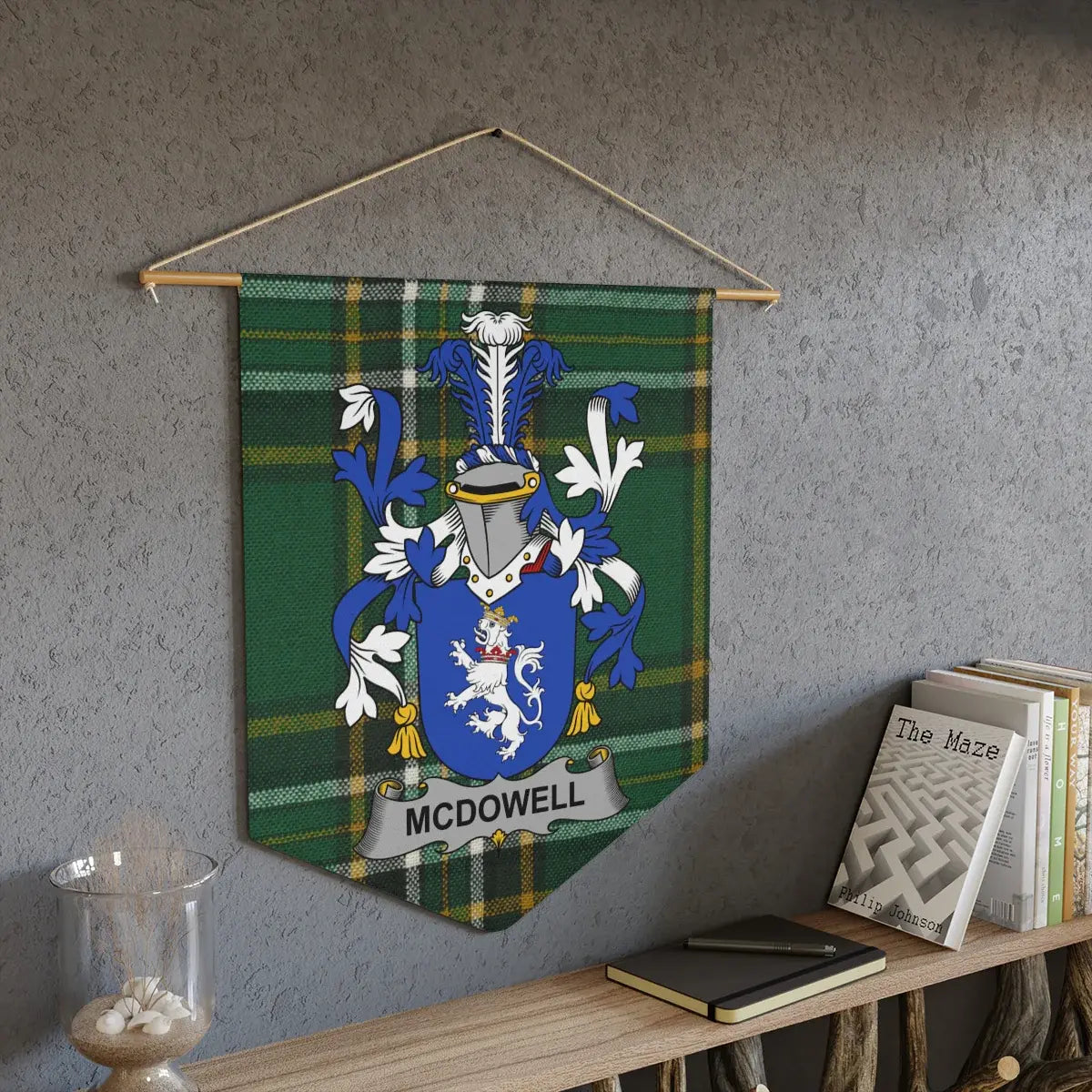 McDowell Irish family crest wall pennant — green tartan wall hanging display