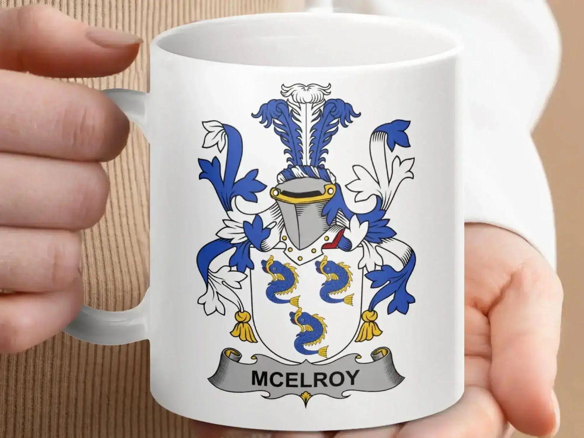 McElroy Family Crest Coat of Arms Design Mug - Celtic Ancestry Gifts