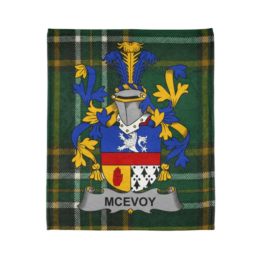 McEvoy Family Crest Blanket with Tartan Background