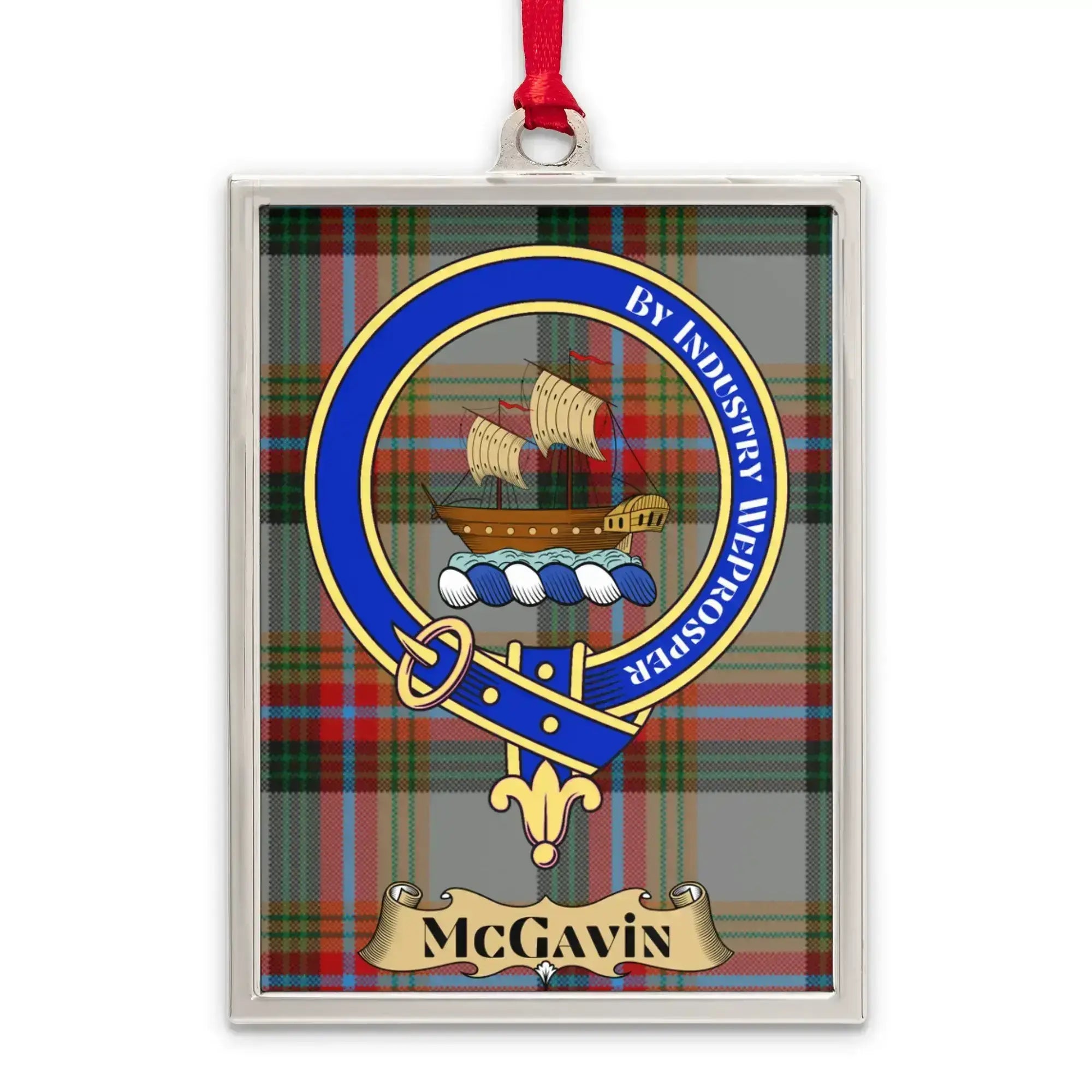 McGavin tartan-background crest ornament shown as a Scottish heritage keepsake gift