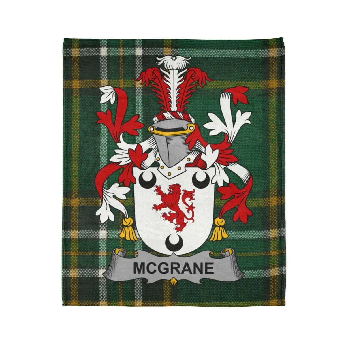 McGrane Family Crest on Green Tartan Background Blanket