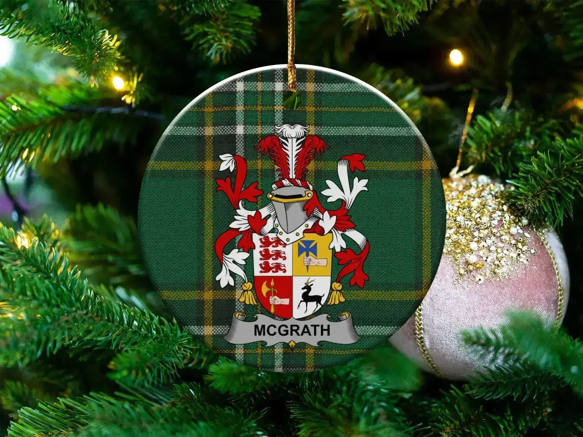 McGrath Family Crest on Plaid Background Ornament