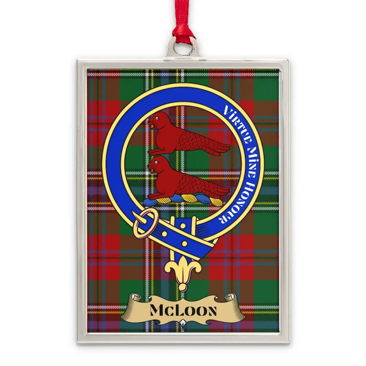 McLoon tartan-background crest ornament shown as a Scottish heritage keepsake gift