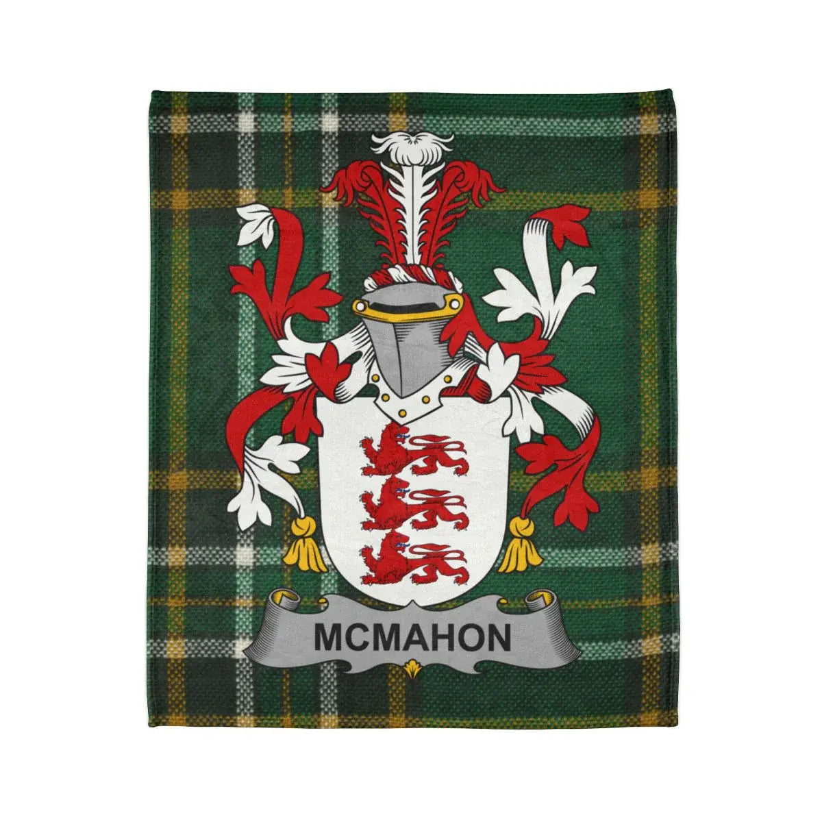 McMahon Coat of Arms Emblem on Green Plaid Blanket