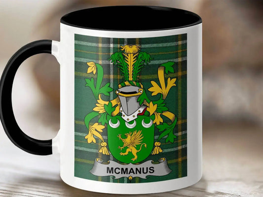 McManus Surname Family Crest on Irish Tartan Mug - Celtic Ancestry Gifts