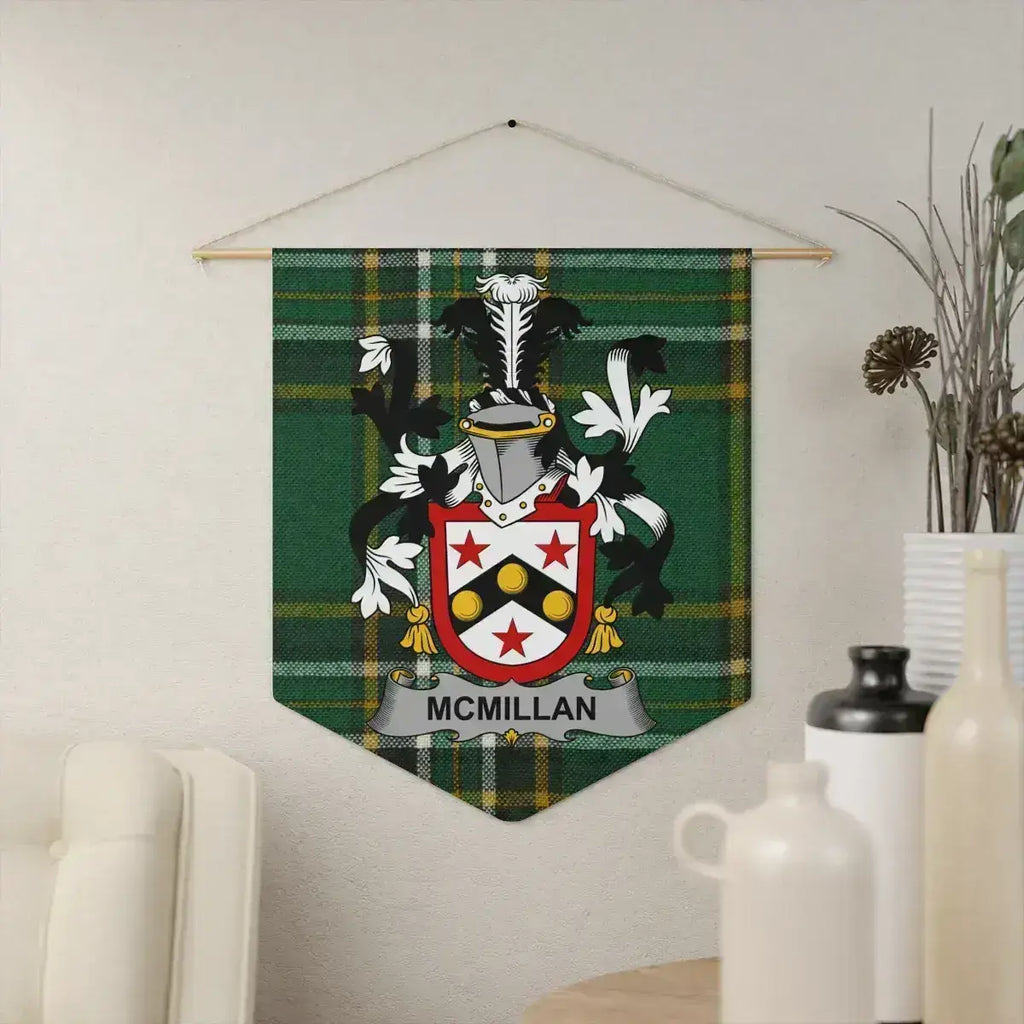 McMillan Irish family crest wall pennant — crest on the Irish national tartan