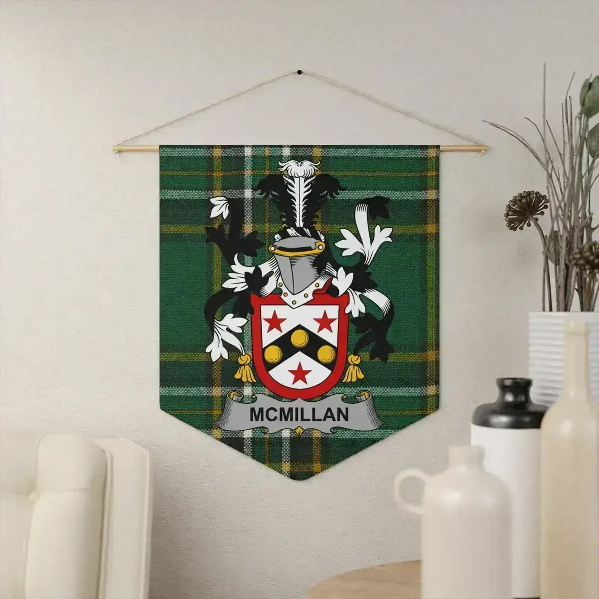 McMillan Irish family crest wall pennant — crest on the Irish national tartan