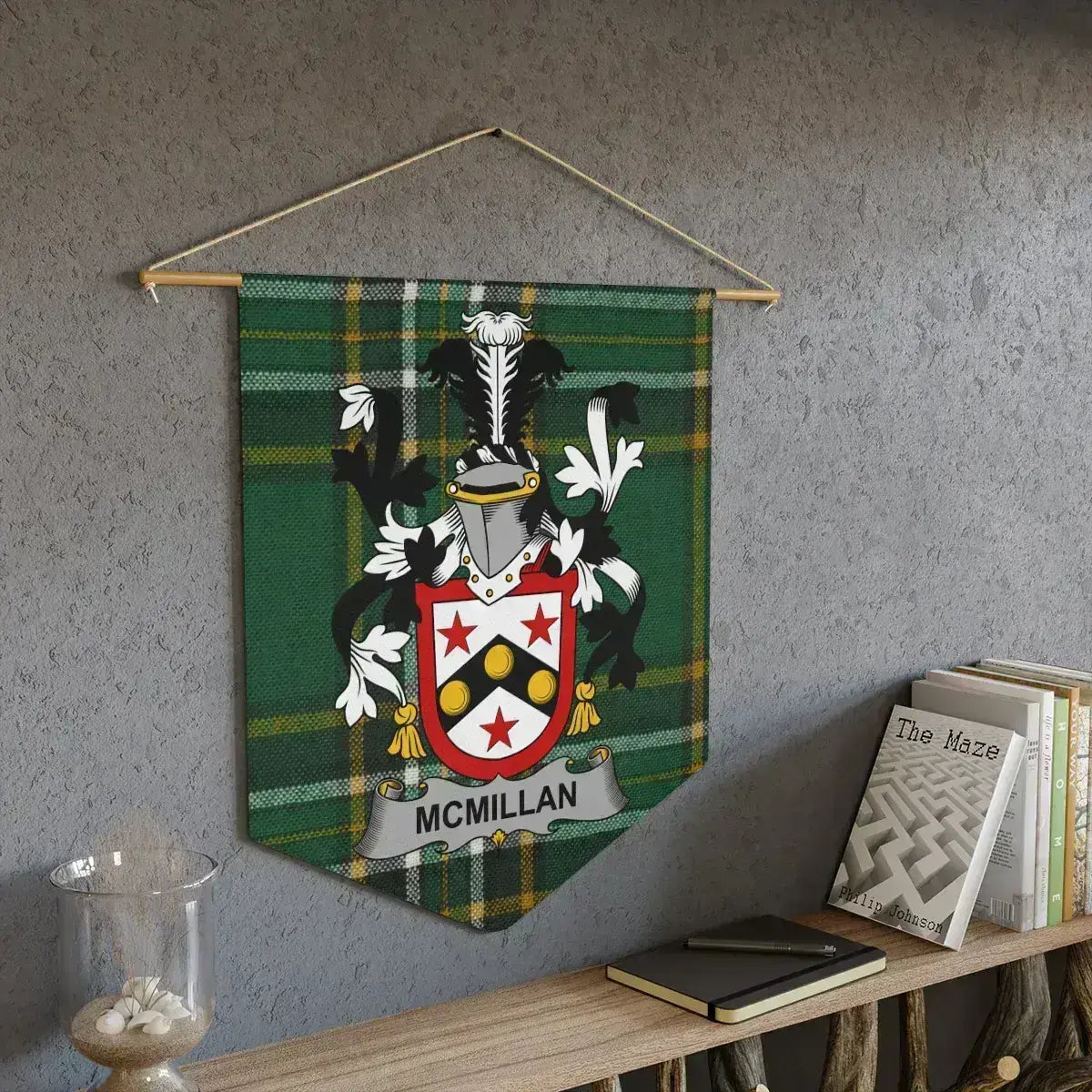 McMillan Irish family crest wall pennant — tartan wall hanging display