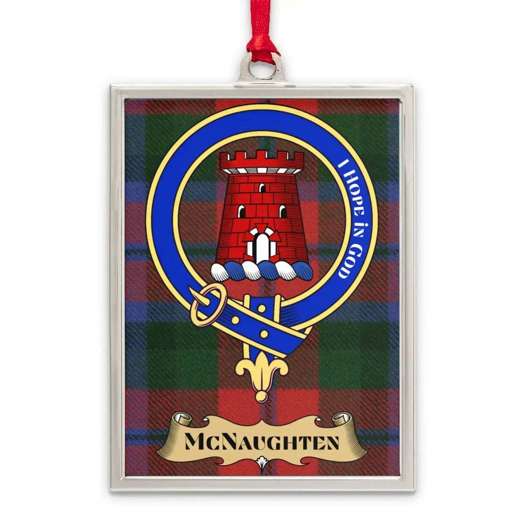 McNaughten tartan-background crest ornament shown as a Scottish heritage keepsake gift