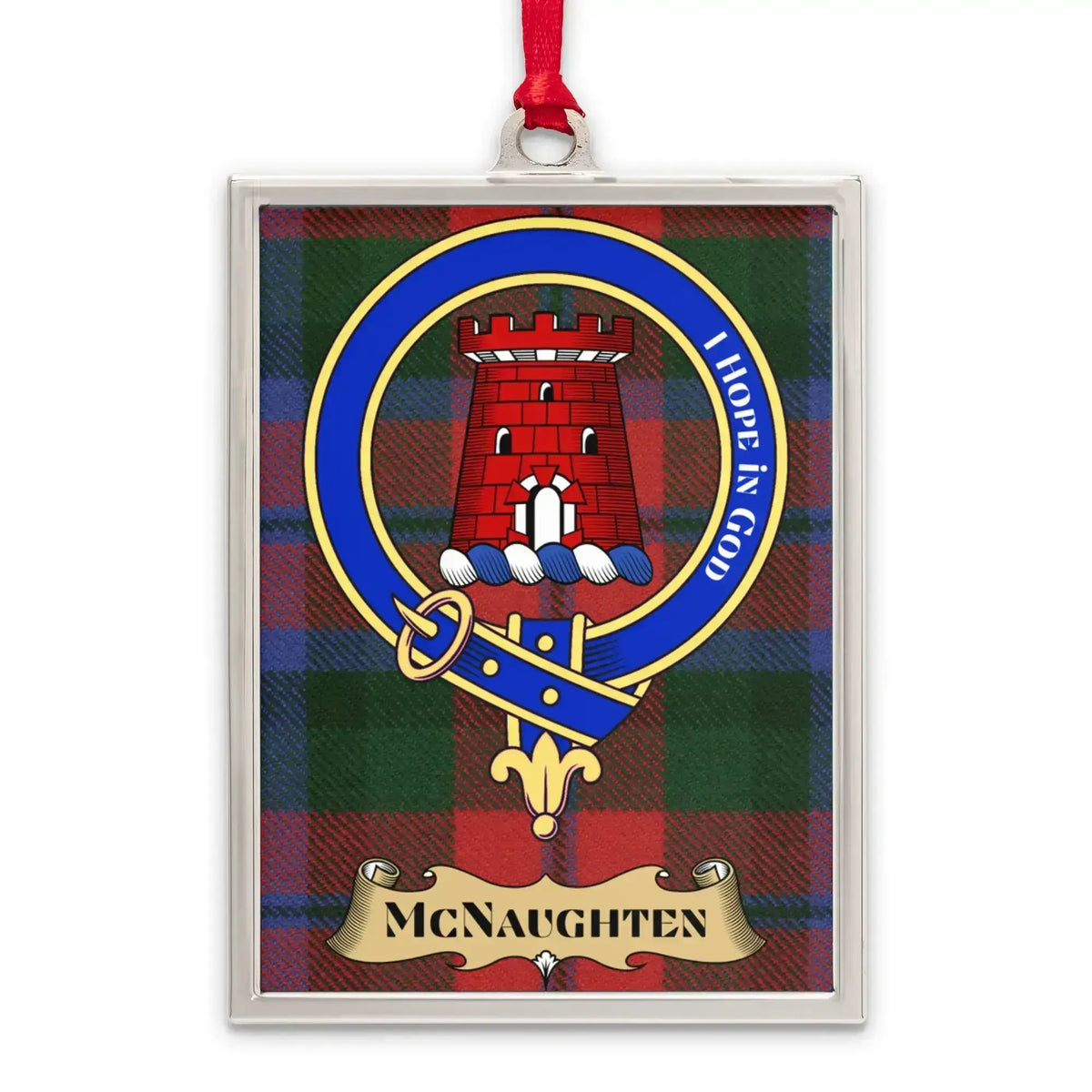 McNaughten tartan-background crest ornament shown as a Scottish heritage keepsake gift