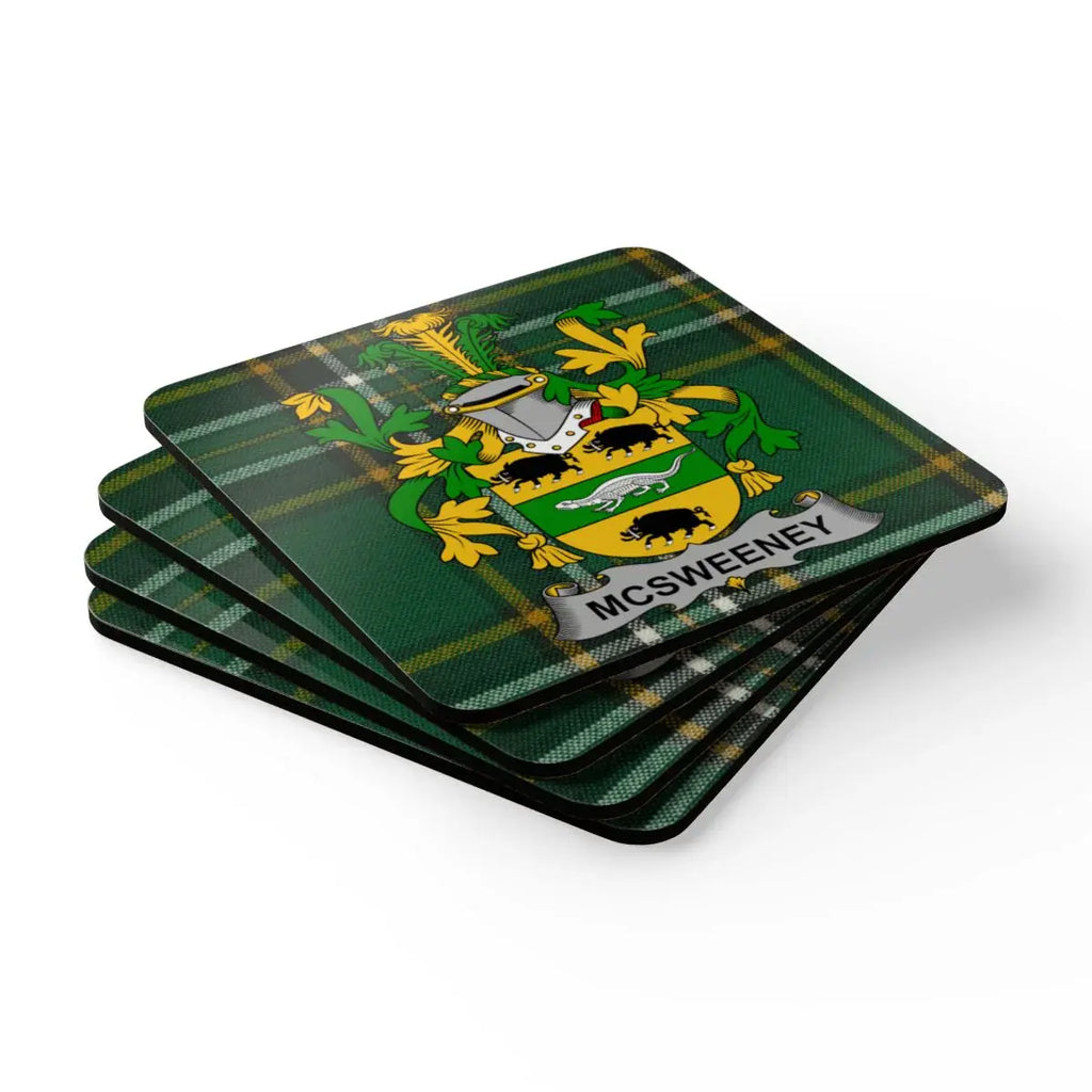 McSweeney Family Crest on Green Plaid Pattern Coaster product