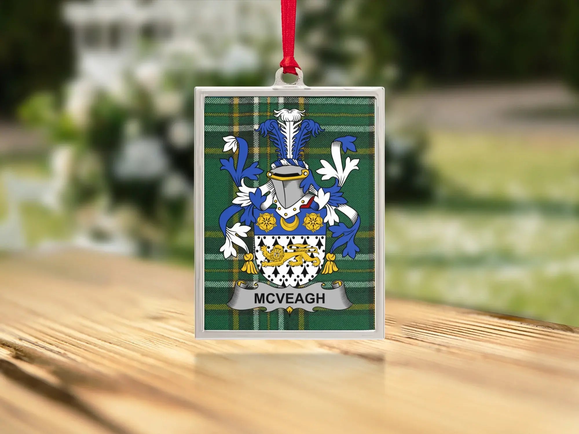McVeagh Family Crest on Green Plaid Ornament product