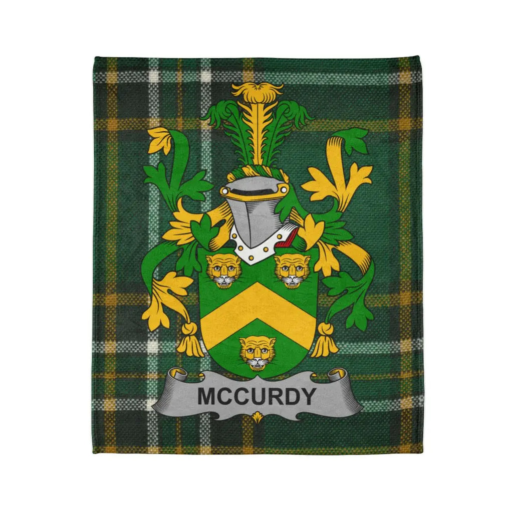 McCurdy Family Crest on Green and Yellow Checkered Blanket