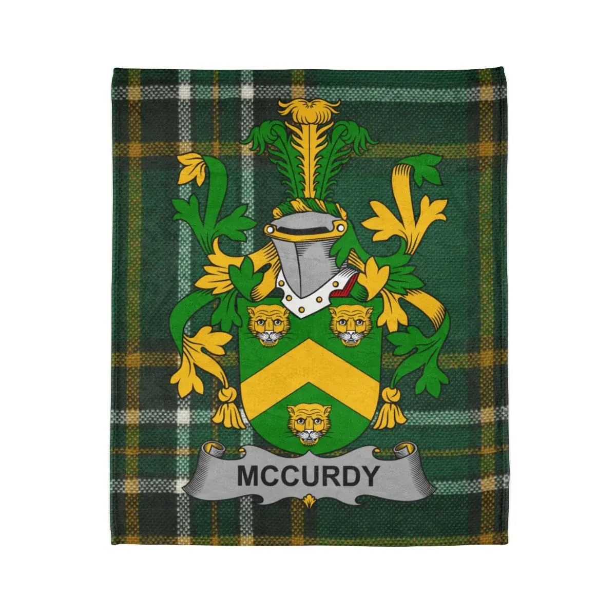 McCurdy Family Crest on Green and Yellow Checkered Blanket