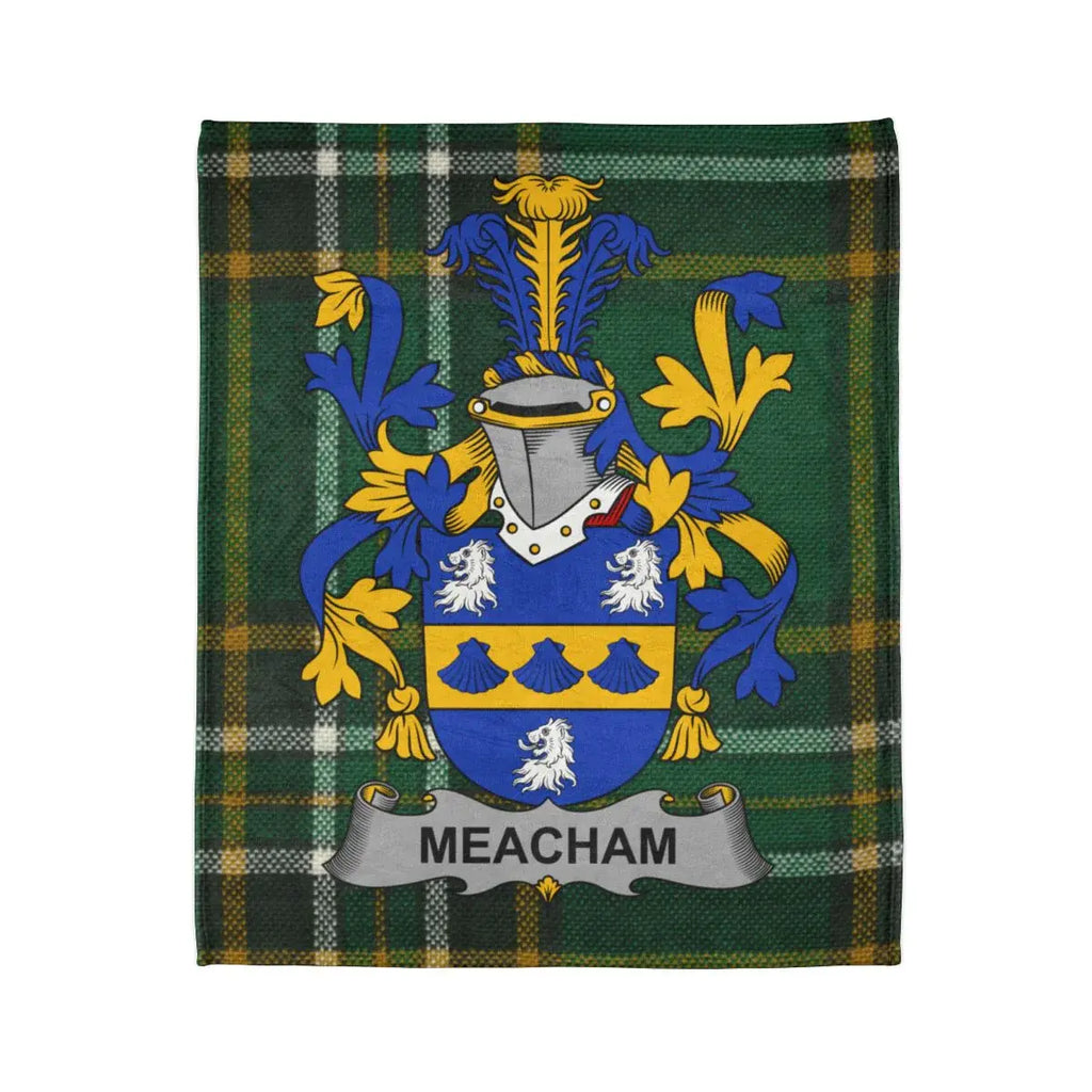 Meacham Family Crest on Green and Yellow Tartan Blanket