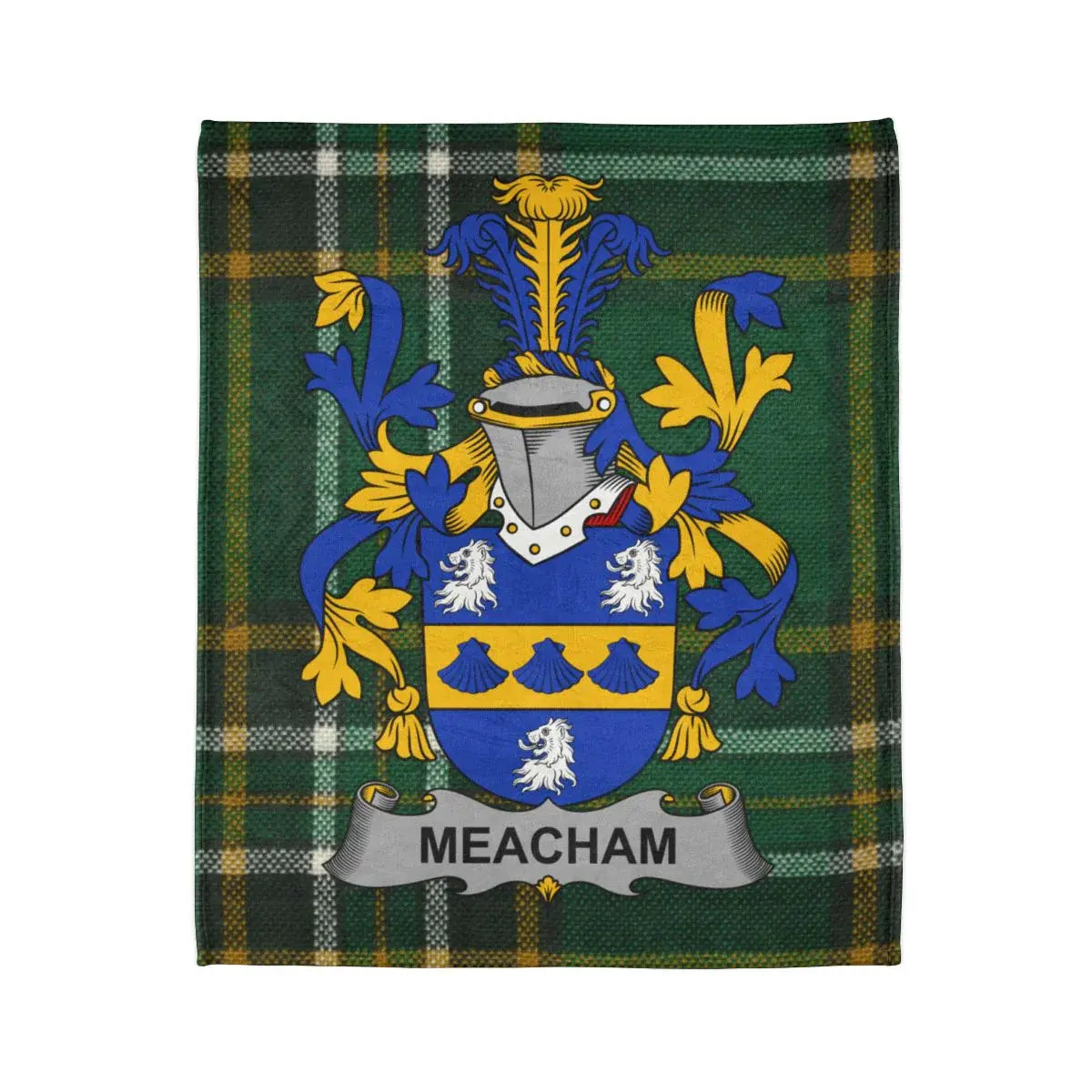 Meacham Family Crest on Green and Yellow Tartan Blanket