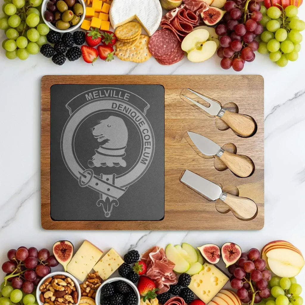 Clan Melville crest charcuterie board — acacia and slate, engraved Denique Coelum design