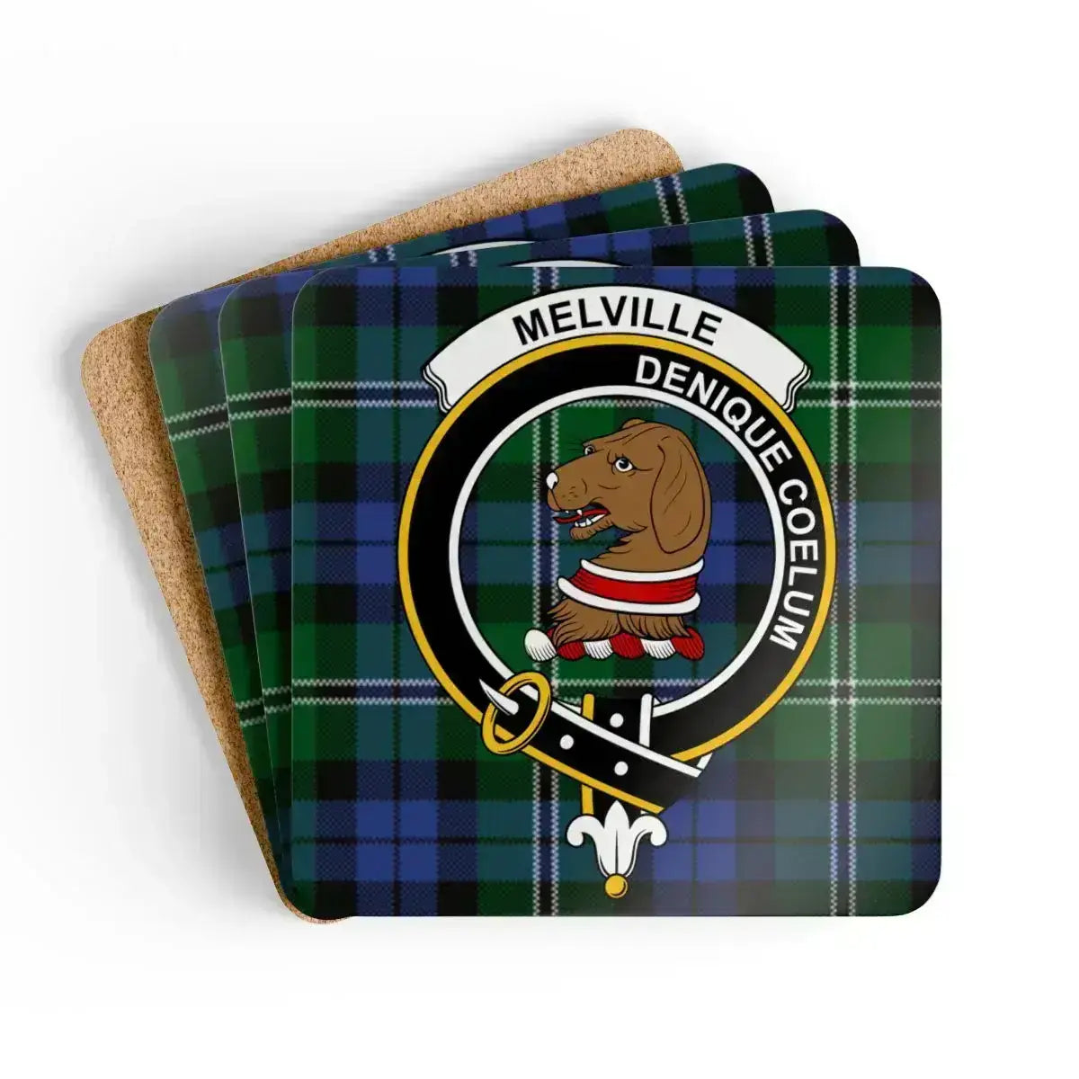 Clan Melville crest tartan coaster — glossy printed square cork coaster, 3.75" x 3.75"