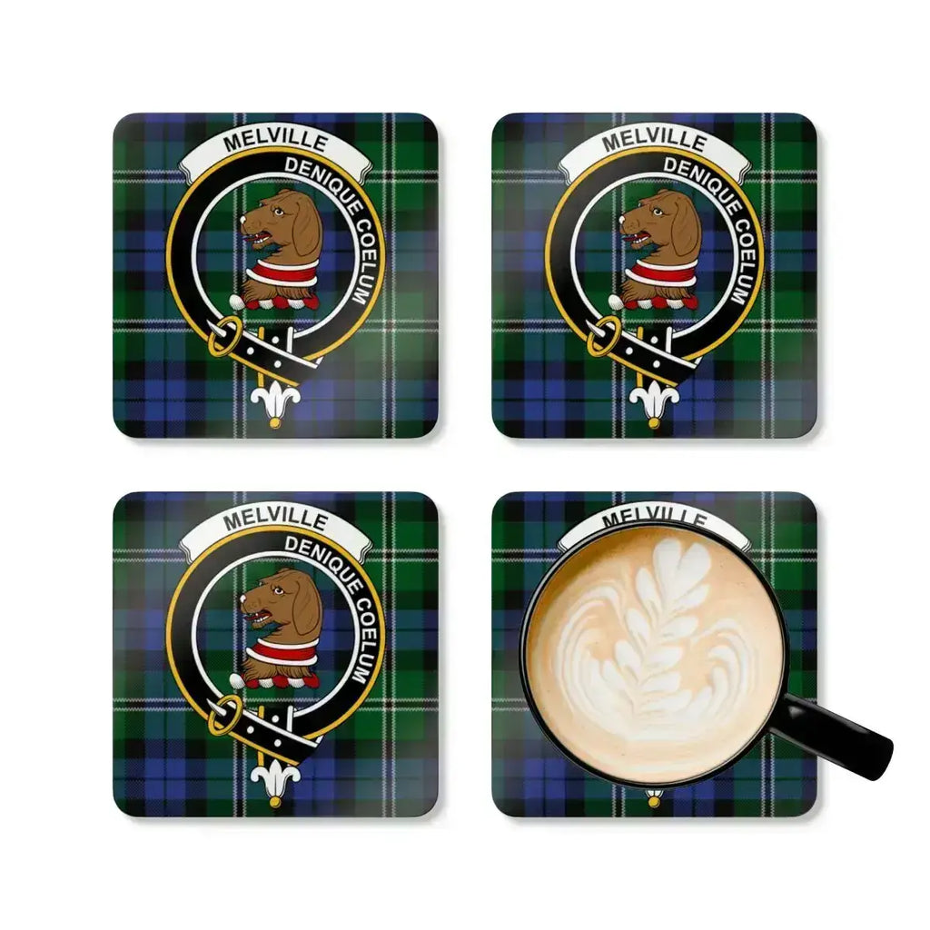 Melville Denique Coelum crest coaster set — full-colour tartan print on cork base