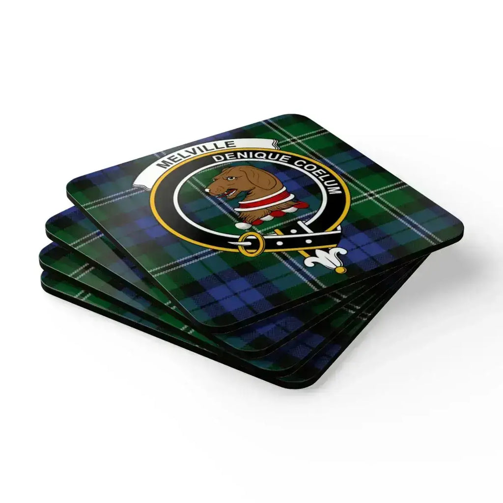 Melville clan crest coasters in use on table — Scottish tartan set of four