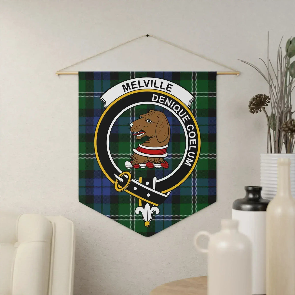 Clan Melville tartan crest pennant — 18" x 21" polyester twill with wooden dowel, ready to hang
