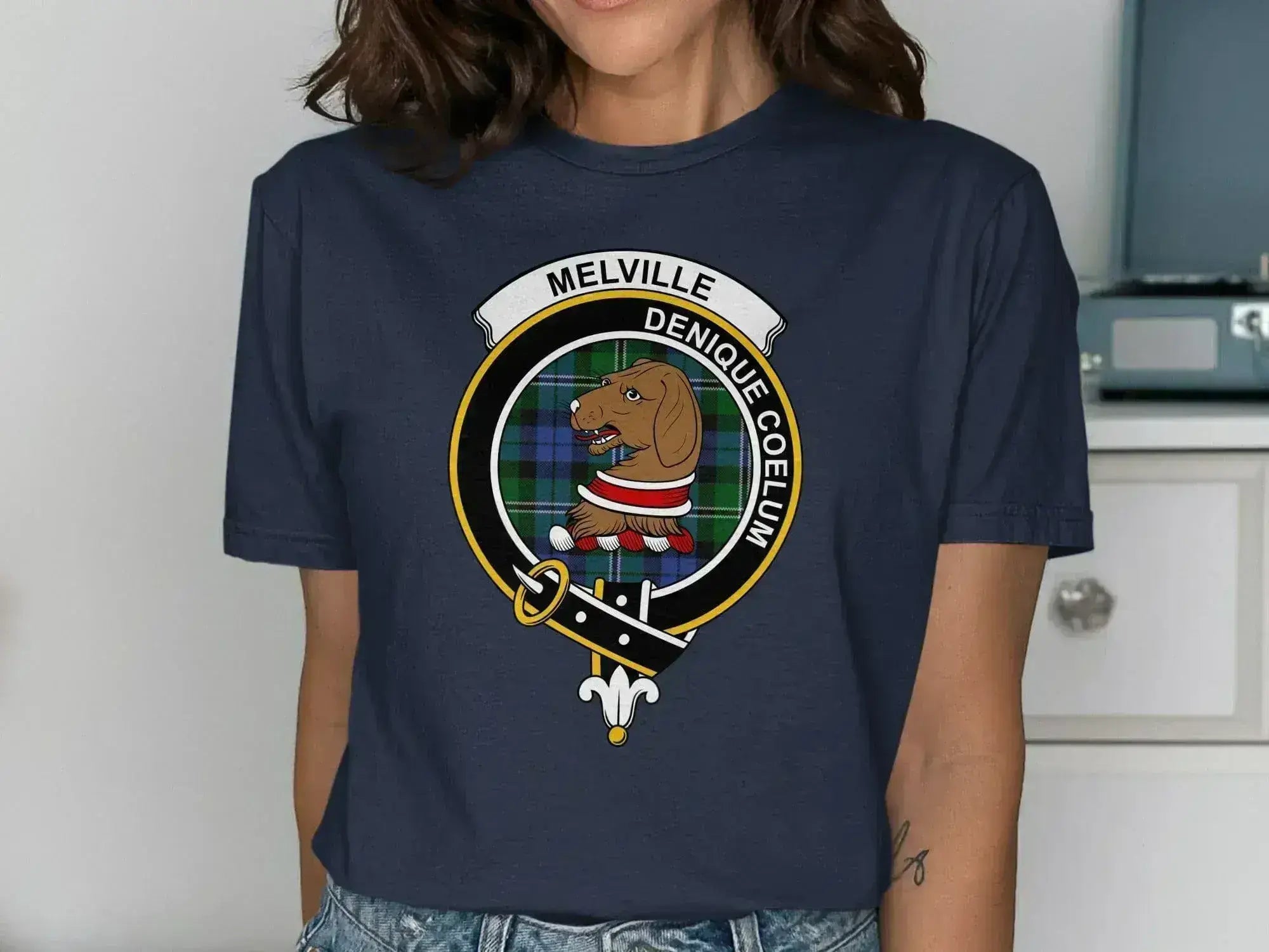 Melville clan crest tee in black — tartan plaid print with clan emblem, unisex fit