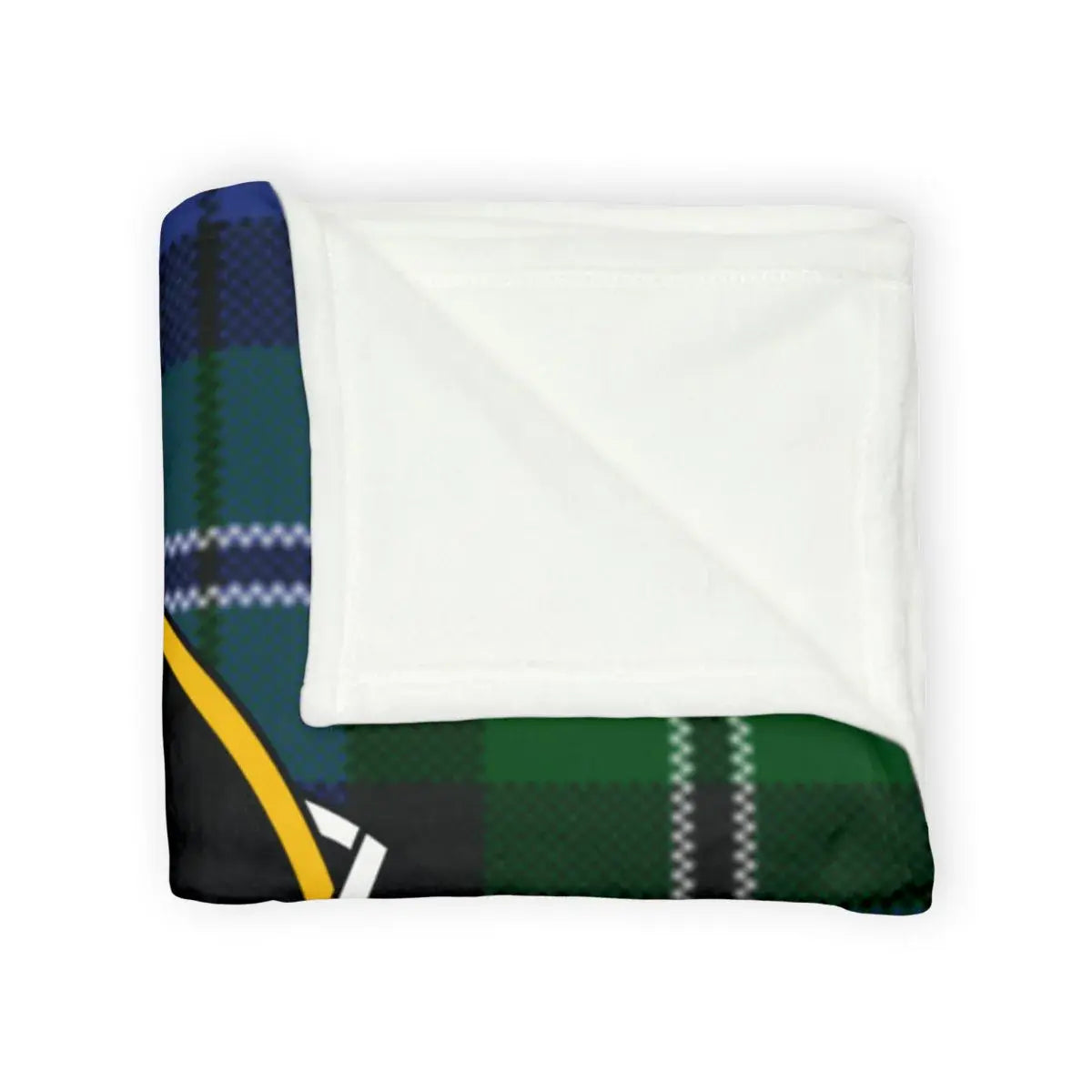 Clan Melville throw blanket draped over chair — soft polyester with crest and tartan print